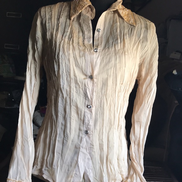 🚨B2G1 New L’ POGEE Tan Gold Jeweled Beaded Sheer Top with Built Under Tank B… - Picture 1 of 8